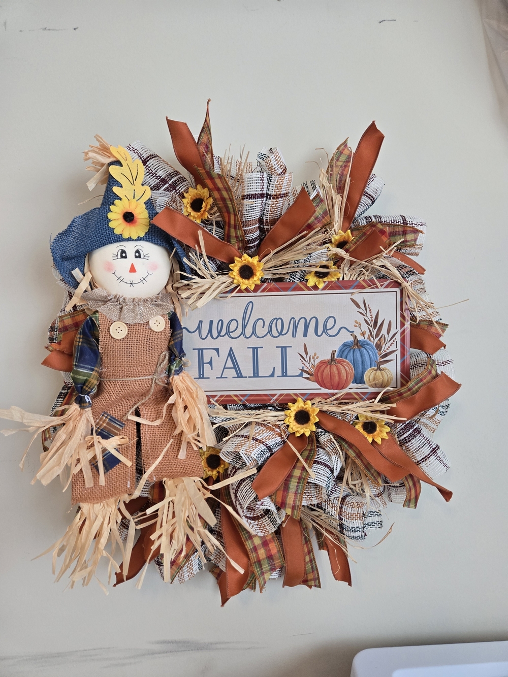 Welcome Fall Scarecrow Wreath with Orange & Blue Accents